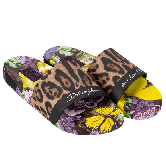 Dolce & Gabbana - DJ Khaled Slides Sandals with Butterfly Leopard Print Black Pu - Picture 1 of 5